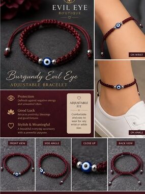 Evil Eye Burgundy Adjustable Bracelet - Protection & Good Luck
